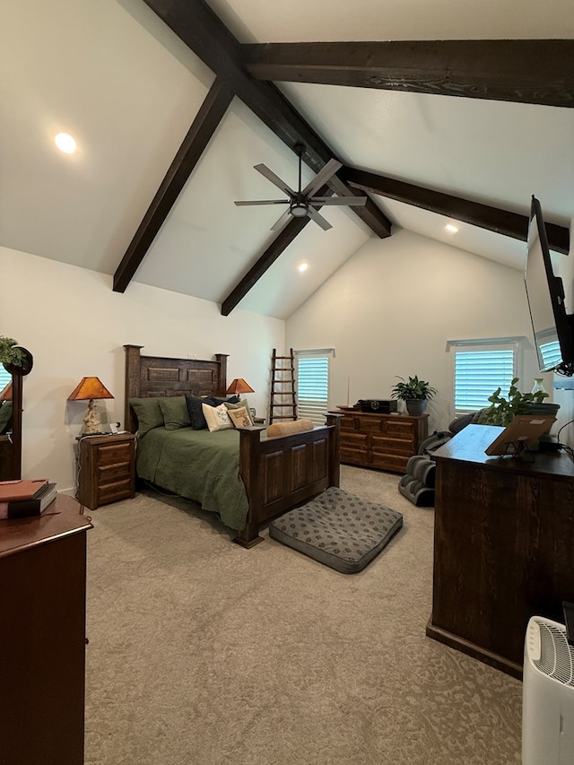 bedroom with a ceiling fan, carpet, high vaulted ceiling, and beamed ceiling