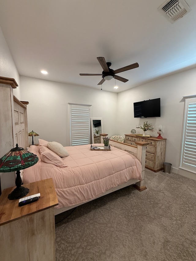 bedroom with a ceiling fan, carpet, visible vents, and recessed lighting