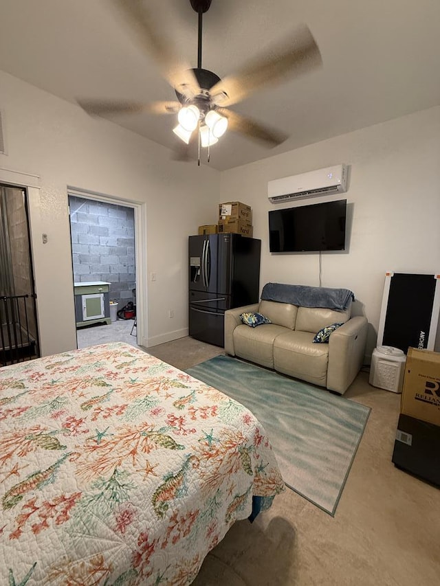 bedroom with ceiling fan, black fridge, and a wall mounted AC