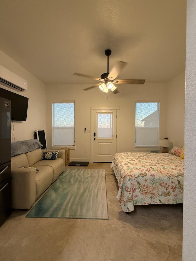 bedroom with multiple windows, a wall unit AC, and ceiling fan