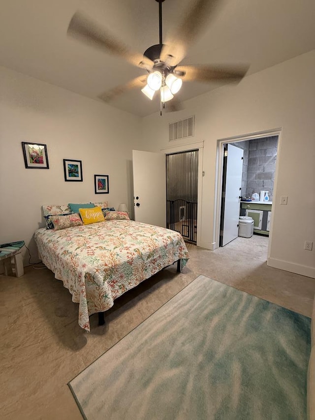 bedroom featuring baseboards, visible vents, a ceiling fan, and light colored carpet