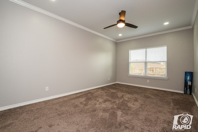 carpeted empty room featuring crown molding and ceiling fan