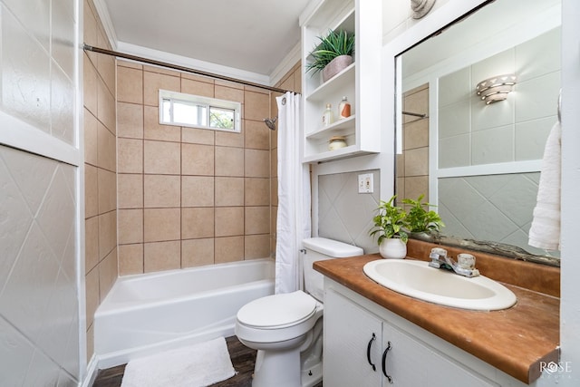 full bathroom with shower / tub combo with curtain, vanity, toilet, and hardwood / wood-style floors