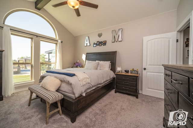 bedroom with light carpet, a ceiling fan, and vaulted ceiling with beams