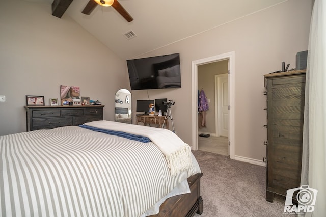 bedroom featuring baseboards, visible vents, carpet floors, lofted ceiling with beams, and ceiling fan