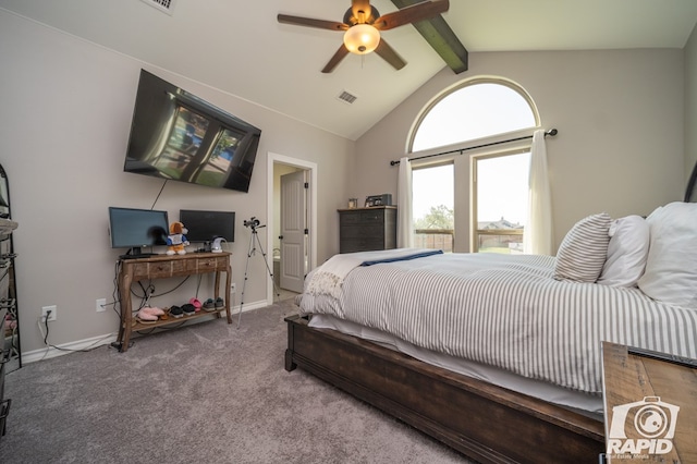 carpeted bedroom featuring visible vents, vaulted ceiling with beams, baseboards, and a ceiling fan