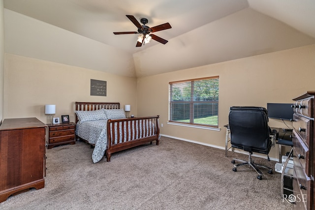 3926 Caroline Ln, San Angelo, TX 76904 - bedroom with carpet flooring, vaulted ceiling, an office area, and a ceiling fan