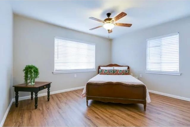 bedroom with multiple windows, hardwood / wood-style floors, and ceiling fan