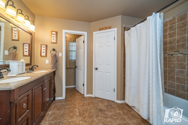 full bath with tile patterned flooring, double vanity, a sink, and shower / bathtub combination with curtain