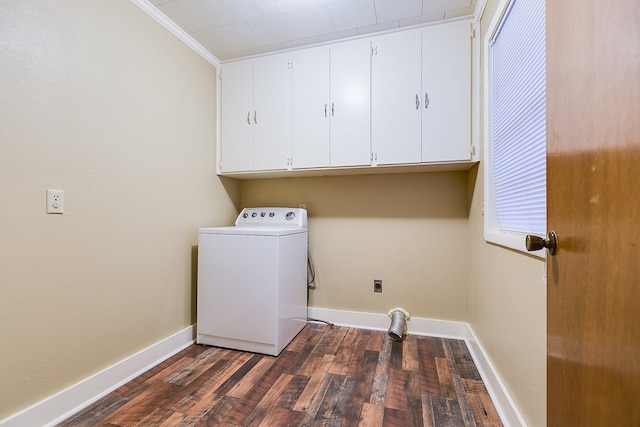 laundry room with washer / clothes dryer, dark hardwood / wood-style flooring, ornamental molding, and cabinets