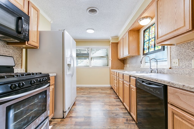 kitchen featuring a wealth of natural light, light hardwood / wood-style floors, sink, and black appliances