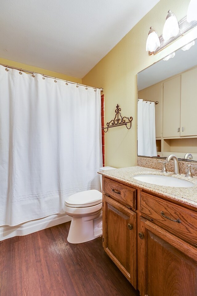 bathroom featuring wood-type flooring, vanity, and toilet