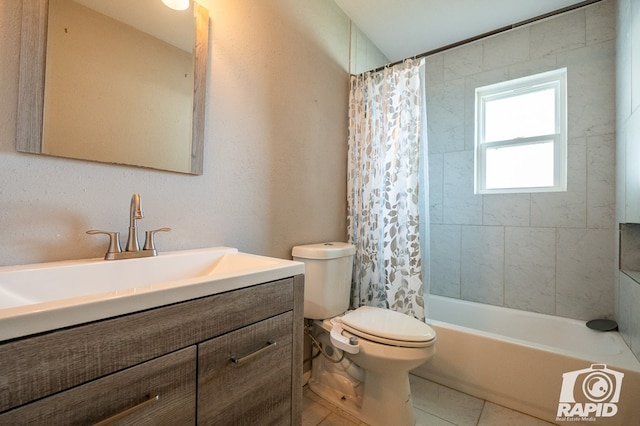 full bath featuring shower / tub combo, toilet, vanity, and tile patterned flooring