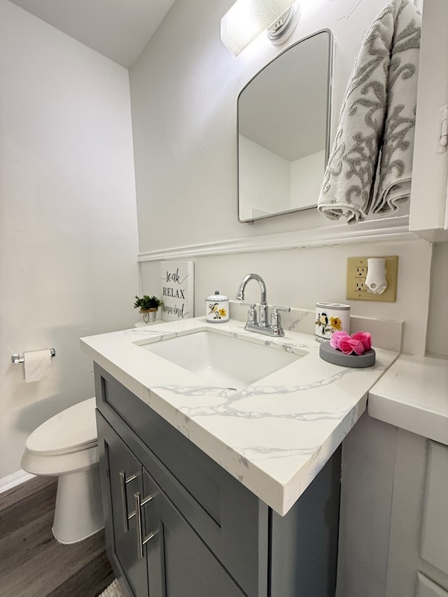 bathroom featuring vanity, hardwood / wood-style floors, and toilet