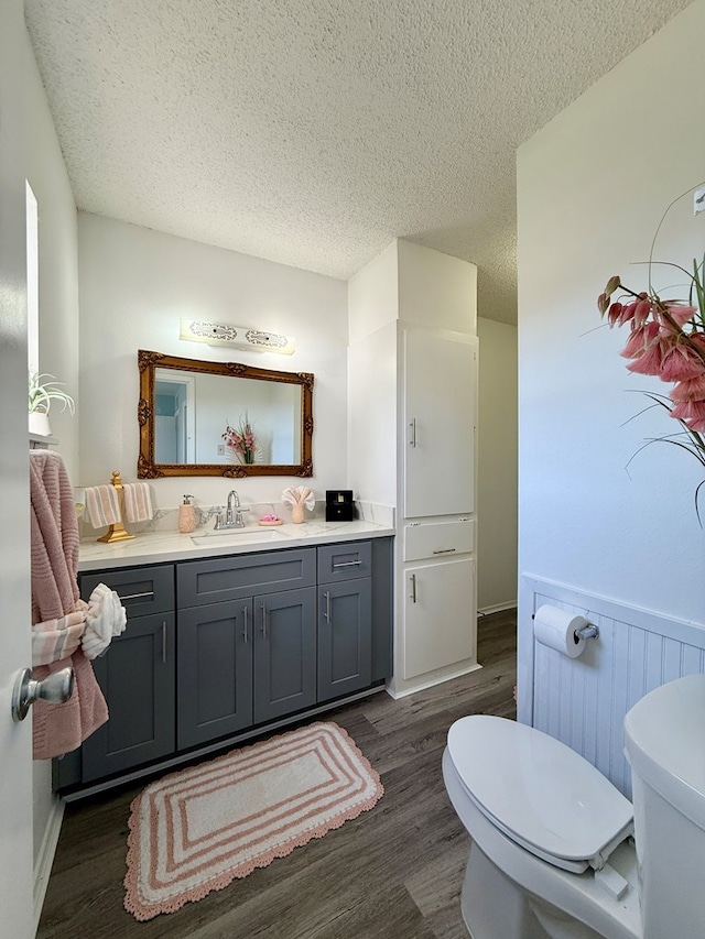 bathroom featuring wood-type flooring, toilet, a textured ceiling, and vanity