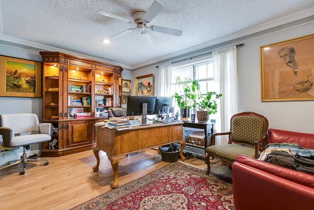 3626 Willowbrook Dr, San Angelo, TX 76904 - home office featuring light wood-type flooring, a ceiling fan, ornamental molding, and a textured ceiling