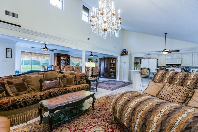 3626 Willowbrook Dr, San Angelo, TX 76904 - living room featuring a wealth of natural light, visible vents, high vaulted ceiling, and ceiling fan with notable chandelier