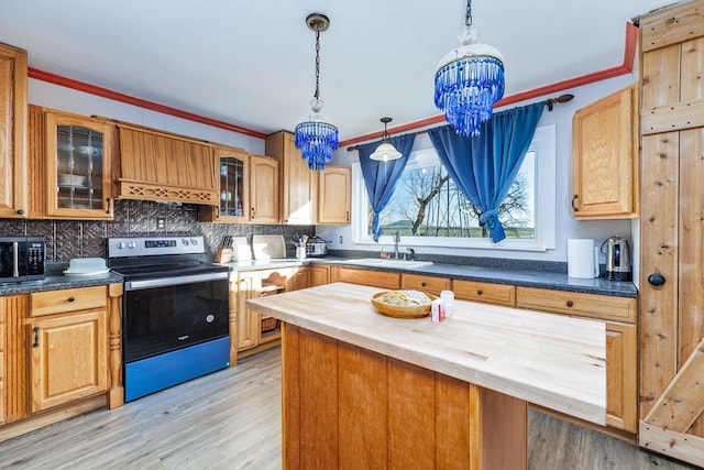 kitchen with sink, wooden counters, decorative light fixtures, ornamental molding, and stainless steel electric stove