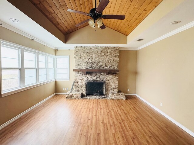 unfurnished living room featuring hardwood / wood-style floors, a fireplace, ceiling fan, wood ceiling, and crown molding