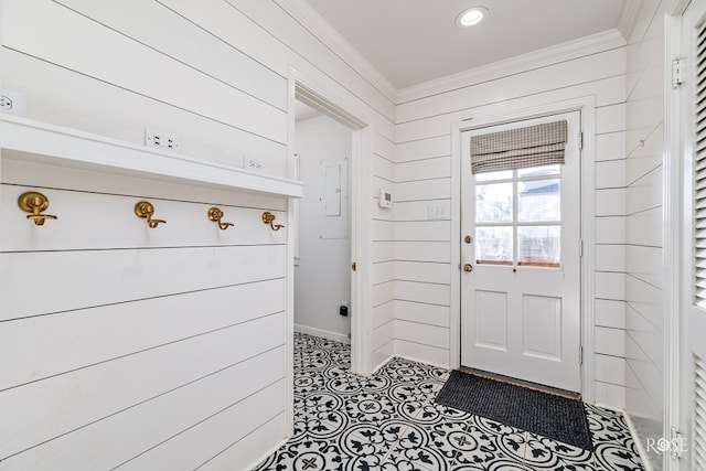 1322 S Monroe St, San Angelo, TX 76901 - mudroom featuring crown molding, tile patterned flooring, and recessed lighting