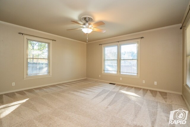 carpeted empty room featuring ceiling fan, ornamental molding, and a healthy amount of sunlight