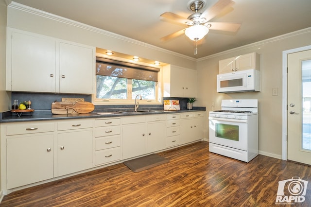 kitchen featuring sink, white cabinets, dark hardwood / wood-style flooring, decorative backsplash, and white appliances