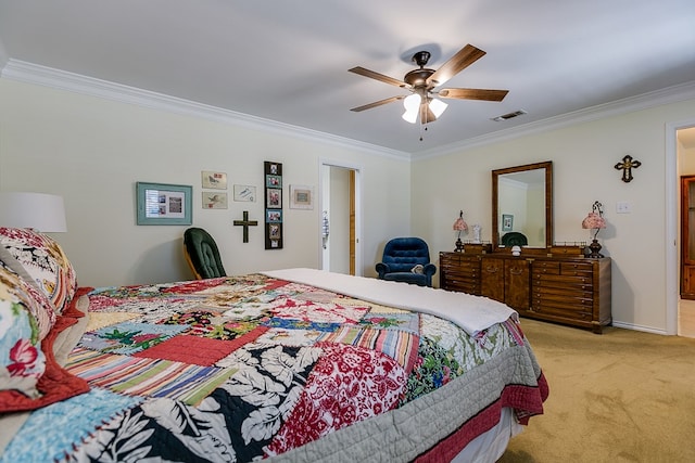 bedroom featuring light colored carpet, ornamental molding, and ceiling fan