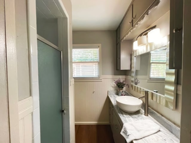 bathroom featuring an enclosed shower, vanity, and wood-type flooring