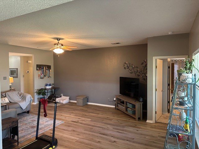 1227 Elmo Ln, San Angelo, TX 76905 - living area featuring a ceiling fan, light wood finished floors, and a wall mounted air conditioner