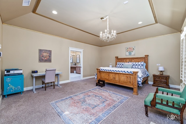 bedroom with vaulted ceiling, ensuite bathroom, a chandelier, ornamental molding, and carpet