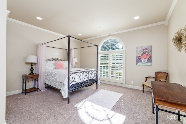 bedroom with carpet floors and ornamental molding