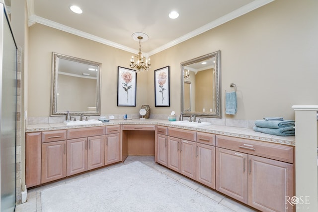 bathroom with tile patterned flooring, ornamental molding, vanity, and an inviting chandelier