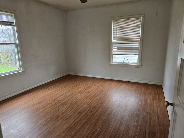 empty room featuring ceiling fan and light hardwood / wood-style flooring