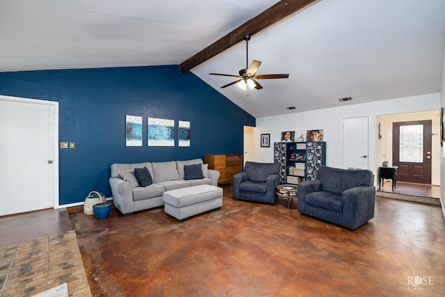 living room featuring lofted ceiling with beams and ceiling fan