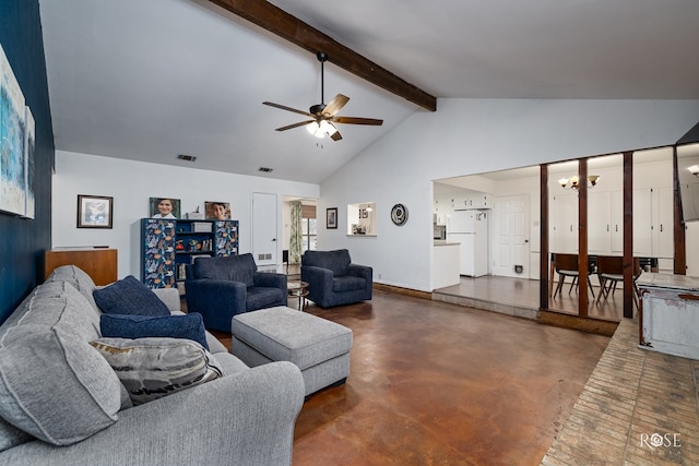 living room featuring ceiling fan, high vaulted ceiling, and beamed ceiling