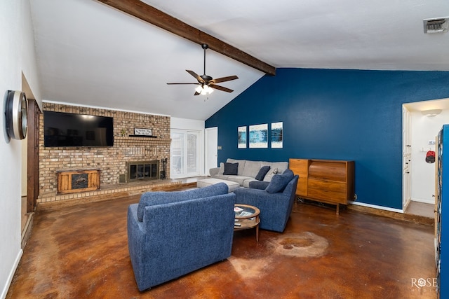 living room featuring beamed ceiling, a brick fireplace, high vaulted ceiling, and ceiling fan