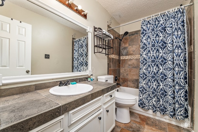 full bathroom with vanity, shower / bath combo with shower curtain, a textured ceiling, and toilet