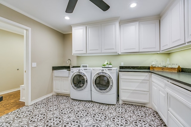 2622 Oxford Ave, San Angelo, TX 76904 - laundry room featuring cabinet space, a ceiling fan, washing machine and dryer, recessed lighting, and crown molding