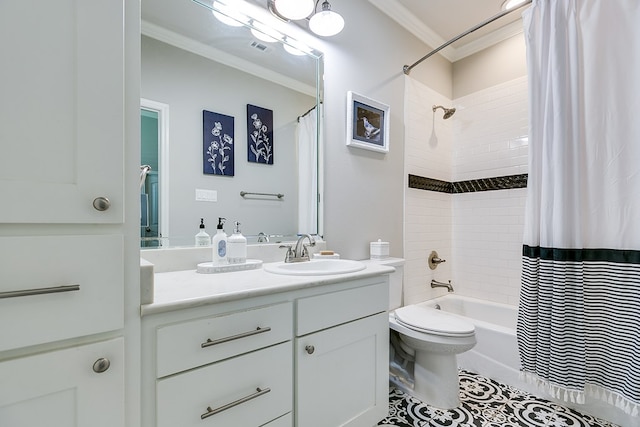 full bathroom featuring crown molding, shower / bath combo, vanity, tile patterned floors, and toilet