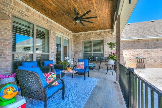 view of patio with ceiling fan and an outdoor hangout area