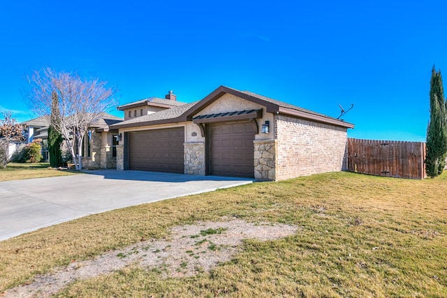 view of front of property with fence, a chimney, a front lawn, a garage, and stone siding