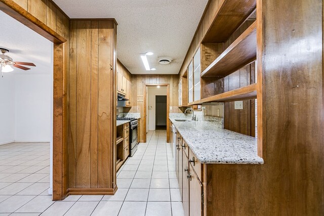 kitchen featuring stainless steel range, sink, and wood walls