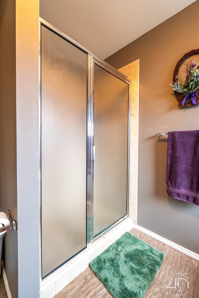 bathroom with baseboards, wood finished floors, and a shower stall