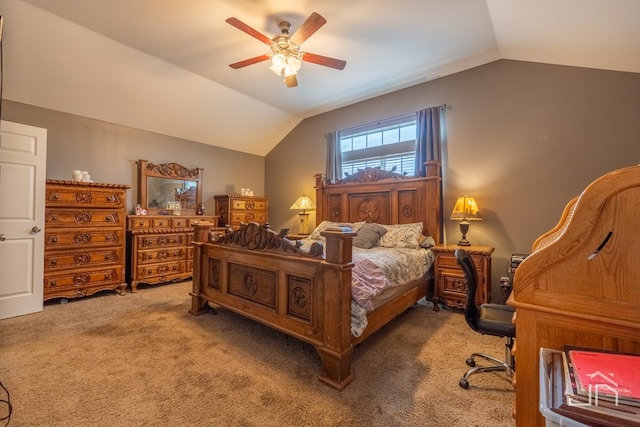 bedroom with carpet flooring, lofted ceiling, and ceiling fan