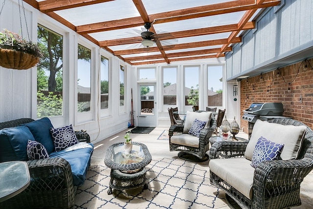 4929 Bermuda Dr, San Angelo, TX 76904 - sunroom / solarium featuring plenty of natural light, ceiling fan, an outdoor living space, and beam ceiling
