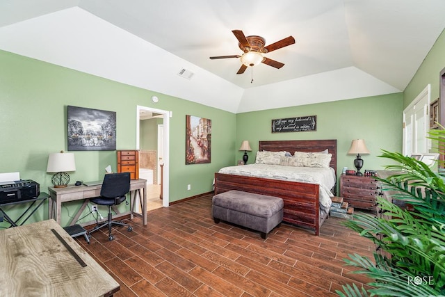 bedroom featuring lofted ceiling, baseboards, dark wood finished floors, and visible vents