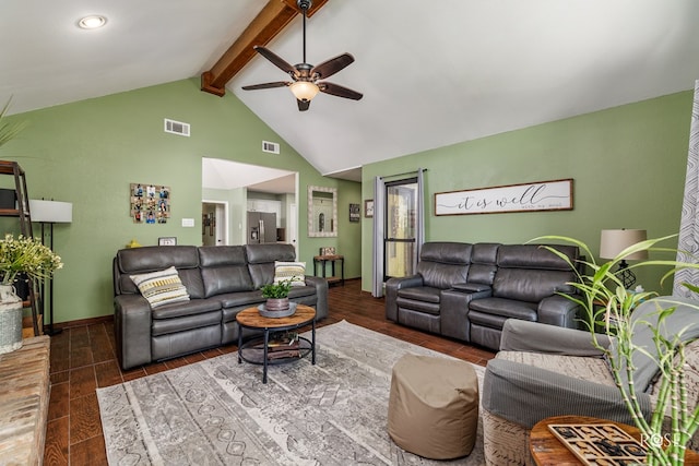 living area with ceiling fan, wood tiled floor, beamed ceiling, and visible vents