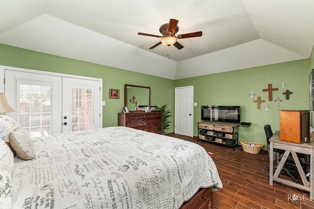 bedroom with french doors, access to exterior, ceiling fan, vaulted ceiling, and dark wood-style floors