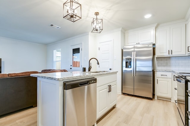 kitchen featuring sink, white cabinetry, hanging light fixtures, a center island with sink, and stainless steel appliances