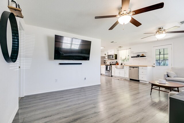 living room with hardwood / wood-style flooring, ceiling fan, and a textured ceiling